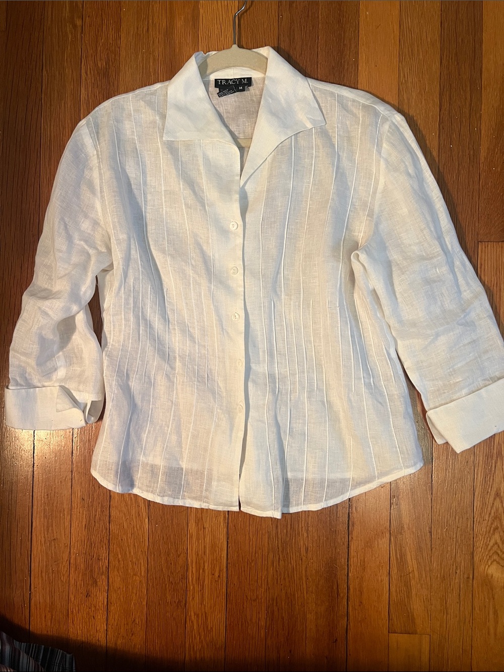 Tracy M White Linen Pintuck Blouse